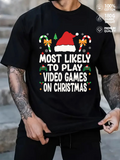 Men's T-Shirt Most Likely To Play Video Games On Christmas With Santa Hat And Festive Candy Cane Pattern