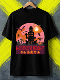 Men's T-Shirt Horror Night Creepy Haunted Castle With Flying Bats Under Full Moon