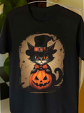 Men's T-Shirt Halloween Pumpkin With Witch Hat And Mischievous Black Cat
