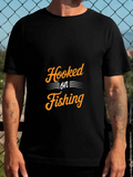Men's T-Shirt Hooked On Fishing Curved Yellow Lettering With Subtle White Waves Fishing