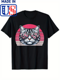 Men's T-Shirt Retro Gradient Sunset With Flowers Reflected In Sunglasses Cat