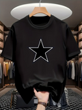 Men's T-Shirt Minimalist Modern Outline Star Motif On Plain Black Fabric Star