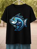 Men's T-Shirt Vivid Blue Waves Surrounding Bold Majestic Cartoon Fish