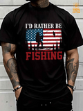 Men's T-Shirt Id Rather Be Fishing With American Flag Silhouette And Forest Lake Scene Fishing