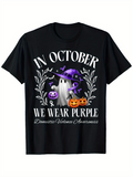 Men's T-Shirt In October We Wear Purple With Whimsical Pumpkins And Floating Ghost Surrounded By Leaves