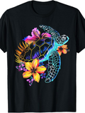 Men's T-Shirt Neon Glow Flowers With Tropical Leaves Surrounding A Sea Turtle