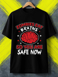 Men's T-Shirt Zombies Eat Brains Red Cartoon Illustration With Stars And Lettering Brain
