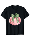 Men's T-Shirt Hand Painted Pink Pumpkin With Large Green Bow Pumpkin