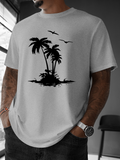 Men's T-Shirt Calm Tropical Island With Palm Trees And Flying Seabirds Sunset Beach