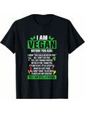 Men's T-Shirt I Am Vegan Colorful Lettering With Leaf Icons Black T Shirt