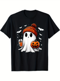 Men's T-Shirt Playful Ghost With Halloween Pumpkin Surrounded By Flying Bats Nighttime