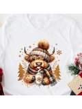 Men's T-Shirt Cozy Winter Forest With Hot Chocolate Among Snowflakes Highland Cow
