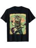 Men's T-Shirt Vintage Style Cat With Sunglasses Playing Electric Guitar