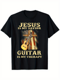 Men's T-Shirt Jesus Is My Savior Guitar Is My Therapy With Wooden Cross And Vintage Flag Guitar