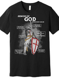 Men's T-Shirt Armor Of God Knight Holding Shield Surrounded By Bible Verses In White Letters