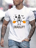 Men's T-Shirt Deadlift Halloween Skeleton With Pumpkins And Flying Black Bats