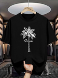 Men's T-Shirt Summer White Sketched Palm Tree Under Textured Trunk With Relaxed Tropical Mood