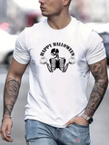 Men's T-Shirt Happy Halloween With Playful Skeleton Holding Pumpkins