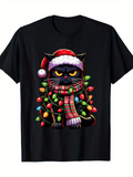 Men's T-Shirt Playful Black Cat Wrapped With Christmas Lights And Red Santa Hat