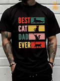 Men's T-Shirt Best Cat Dad Ever Vintage Striped Blocks With Playful Leaping And Sitting Cat