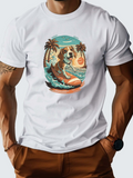 Men's T-Shirt Retro Ocean Scene With Surfboard Swimming Dog And Palm Trees