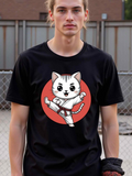 Men's T-Shirt Martial Arts Cat Practicing High Kicks In Front Of Red Circle Cat