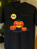 Men's T-Shirt Glowing Yellow Moon Bats Flying Over Halloween Jack OLantern Pumpkin