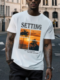 Men's T-Shirt Setting Sunset Silhouette Palms With Golden Sky Over Calm Ocean