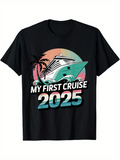 Men's T-Shirt My First Cruise 2025 Sunset Waves With Palm Tree Beside Large Modern Yacht