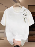 Men's T-Shirt Delicate Embroidered Bamboo Branch With Blue Accent On Classic Minimalist T Shirt