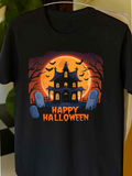 Men's T-Shirt Happy Halloween Haunted House With Bats And Tombstones Under Full Moon