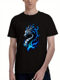 Men's T-Shirt Vivid Blue Flames Flowing Around Fierce Mythical Dragon