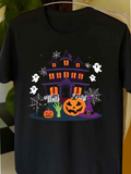 Men's T-Shirt Whimsical Haunted Mansion With Ghosts Pumpkins Webs And Spooky Halloween House