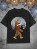 Men's T-Shirt Christmas Bigfoot Wearing Santa Hat With Moonlit Forest Background