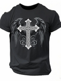 Men's T-Shirt Ornate Cross With Gothic Angel Wings Surrounded By Smoke Pattern Cross