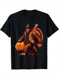 Men's T-Shirt Bigfoot With Pumpkin Lantern And Colorful Turkey Companion