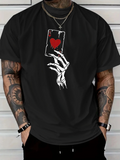 Men's T-Shirt Skeleton Hand Holding Playing Card With Red Heart Among Dark Shadows