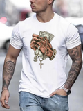 Men's T-Shirt Gold Chains With Religious Cross And Stacked Dollar Bills Hands