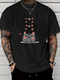 Men's T-Shirt Playful Cartoon Cats With Pink Hearts On Black Cat