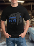 Men's T-Shirt K9 Unit Blue Flag With Silhouetted Handler Standing Beside Police Dog