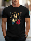Men's T-Shirt Lets Rock With Lightning Among Electric Guitars And Raised Hand