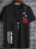 Men's T-Shirt Los Angeles With Vertical White Letters And Hanging Red Rose Flower
