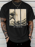 Men's T-Shirt Muted Woodblock Print With Framed Ocean Wave Graphic