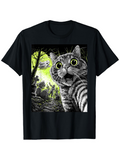 Men's T-Shirt Enchanted Night Forest With Wide Eyed Cat Surrounded By Glowing Light