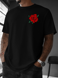 Men's T-Shirt Vibrant Red Rose With Deep Green Leaves On Black Shirt Rose