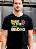 Men's T-Shirt Wild About Reading With Colorful Animal Patterns And Open Book Motif