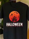 Men's T-Shirt Halloween Haunted Castle Under Orange Moon With Flying Bats And Bare Trees