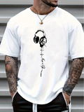 Men's T-Shirt Abstract Line Drawing With Headphones In Black On White Tee
