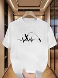 Men's T-Shirt Heartbeat Waves With Fishing Rod Catching A Thrashing Fish