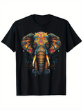 Men's T-Shirt Intricate Tribal Patterns With Colorful Swirls Embellishing Majestic Elephant Head